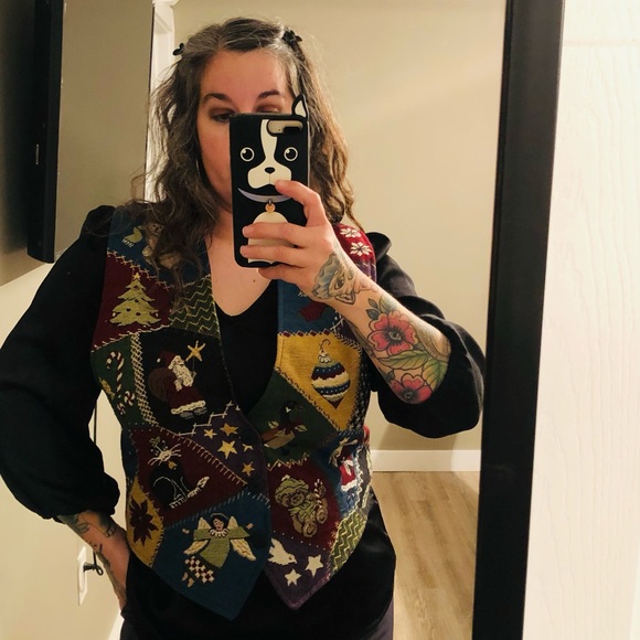 Vintage Christmas Vest Vtg patchwork waist coat Women’s button up medium large❤️ - Picture 3 of 8